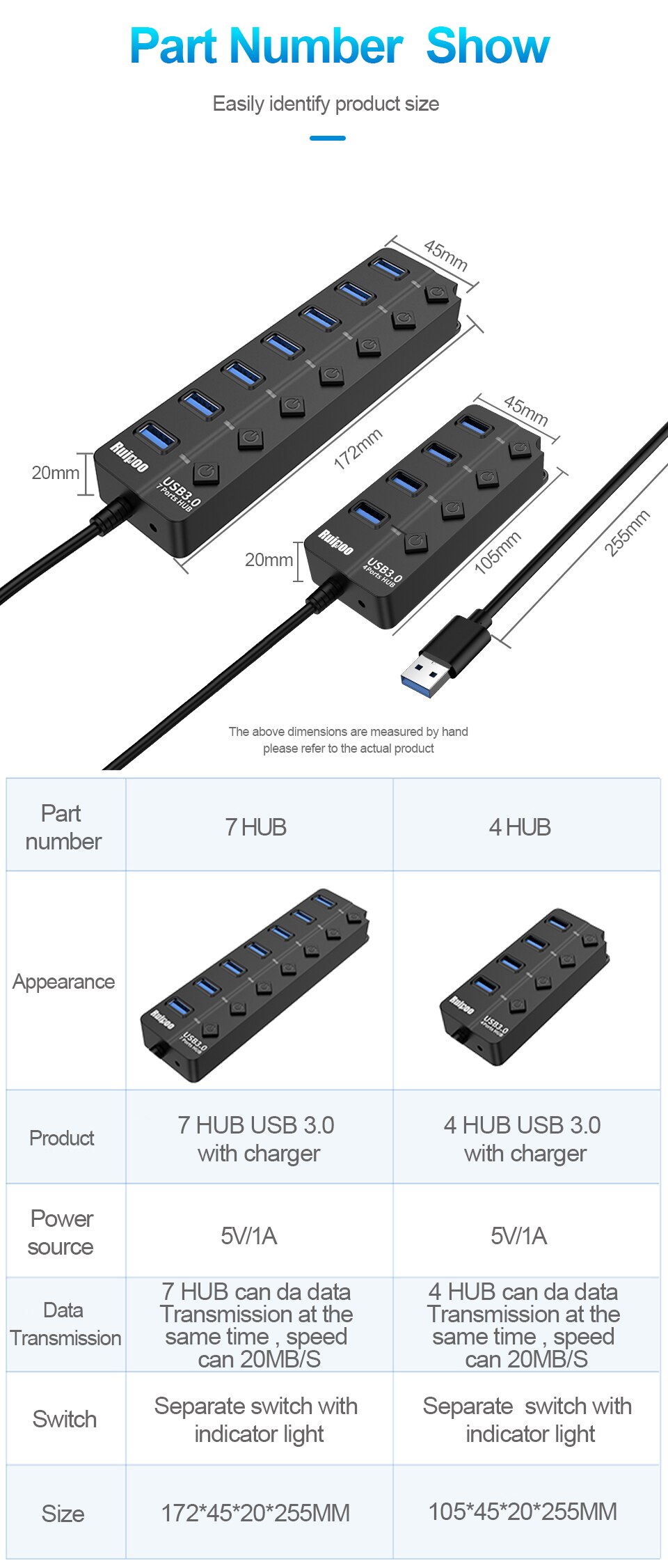 USB Hub 3.0 haute vitesse 4 / 7 Port USB 3.0 Hub diviseur interrupteur marche/arrêt avec adaptateur d'alimentation ue/US pour MacBook ordinateur portable HUB USB 3.0