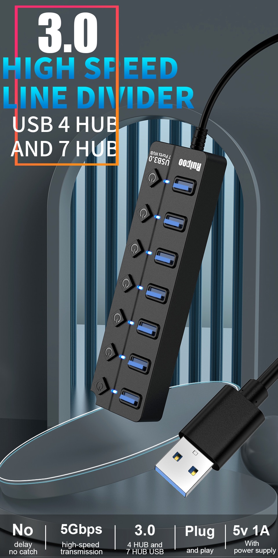 USB Hub 3.0 haute vitesse 4 / 7 Port USB 3.0 Hub diviseur interrupteur marche/arrêt avec adaptateur d'alimentation ue/US pour MacBook ordinateur portable HUB USB 3.0