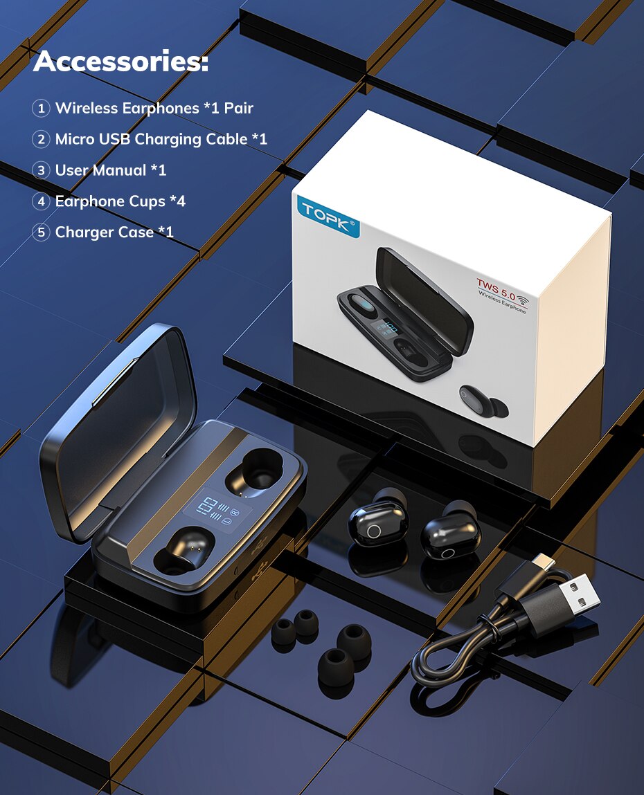 TOPK TWS Bluetooth V5.0 casque sans fil empreinte digitale tactile Bluetooth écouteur 2000mAh boîte de charge sport étanche écouteurs