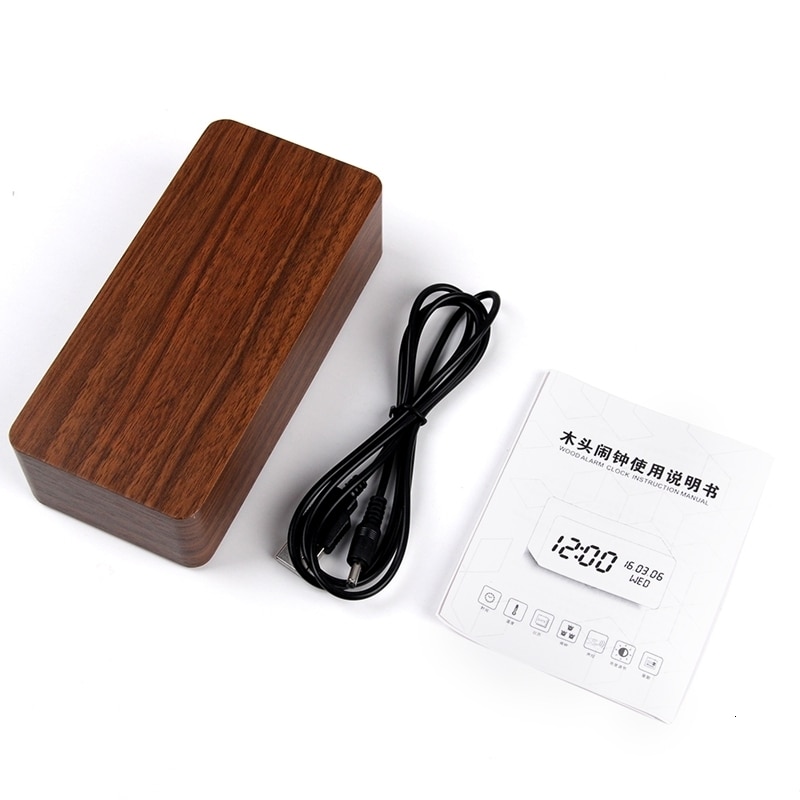 Réveil LED en bois avec affichage numérique montre Table commande vocale numérique bois Despertador électronique bureau USB/AAA alimenté horloges Table décor