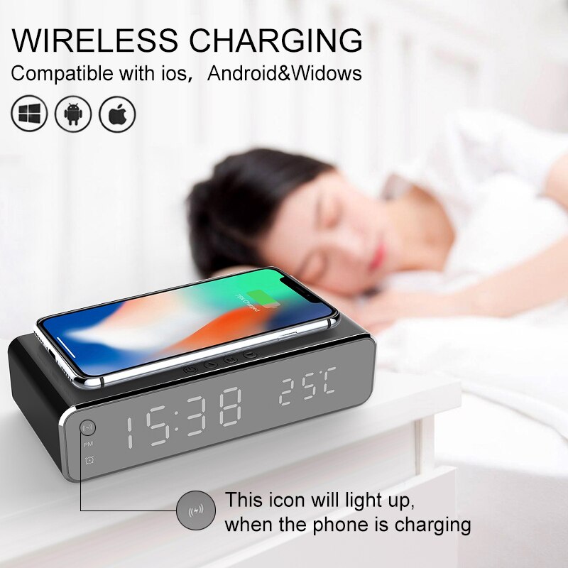 LED electronique réveil thermomètre numérique horloge téléphone Mobile chargeur sans fil miroir multifonction alarme