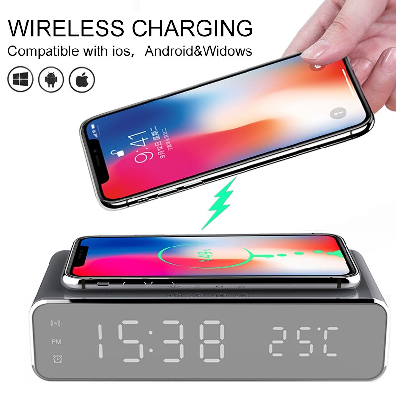 LED electronique réveil thermomètre numérique horloge téléphone Mobile chargeur sans fil miroir multifonction alarme