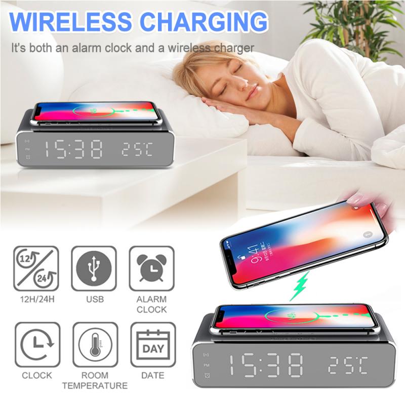 LED electronique réveil thermomètre numérique horloge téléphone Mobile chargeur sans fil miroir multifonction alarme
