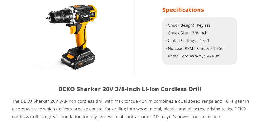 DEKO nouveau Sharker 20V perceuse visseuse sans fil tournevis Mini pilote d'alimentation sans fil batterie Lithium-Ion cc 18 + 1 réglages