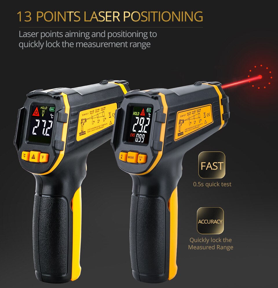 Thermomètre laser infrarouge sans contact, avec écran LCD couleur et alarme, pyromètre, hygromètre numérique