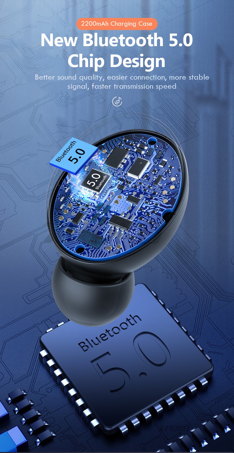 Casque sans fil Bluetooth avec micro sport étanche TWS, écouteurs contrôle tactile, pour le téléphone