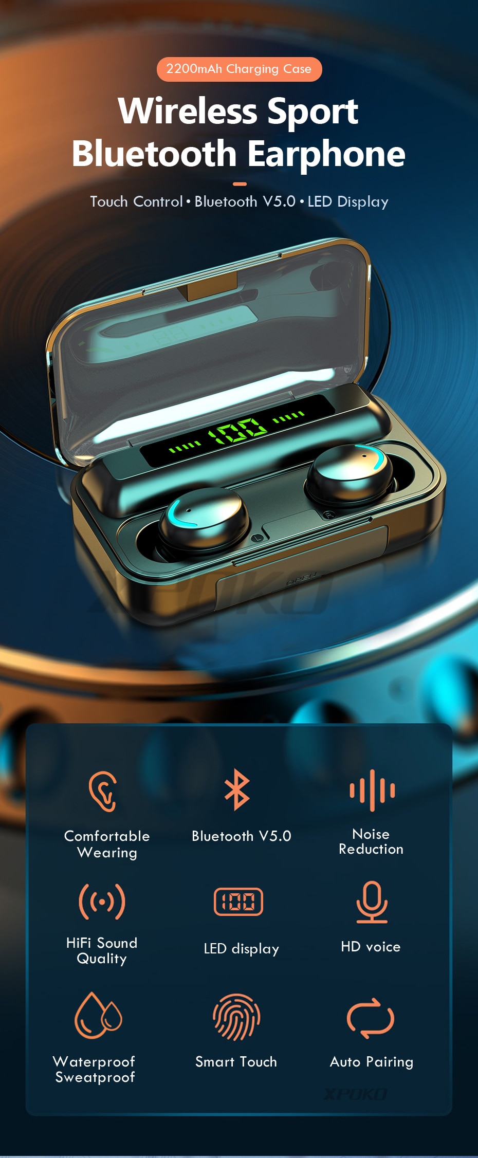 Casque sans fil Bluetooth avec micro sport étanche TWS, écouteurs contrôle tactile, pour le téléphone