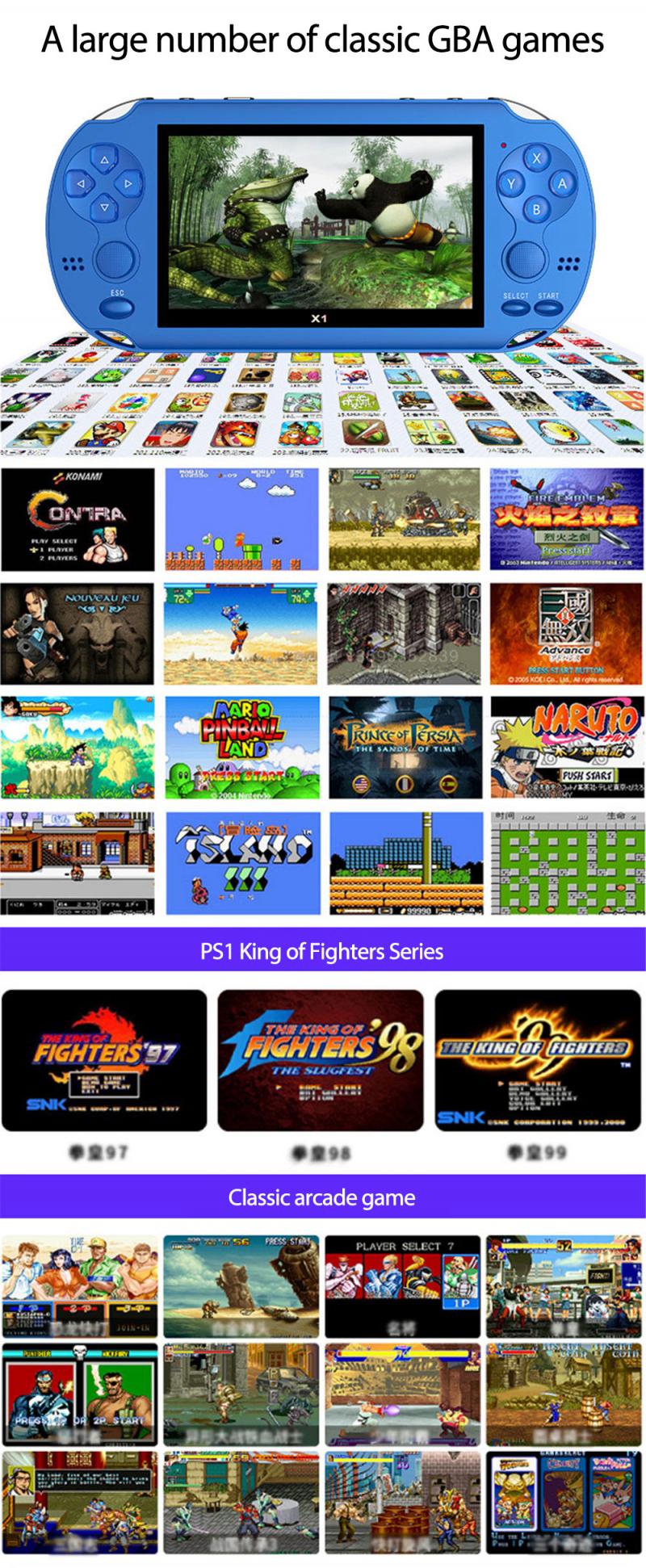 X1 Console de jeu pour Console de jeu PSP 4.3 pouces classique nostalgique Console de jeu double secousse 8G jeux 10,000 intégrés 8/16/32/64 Bit