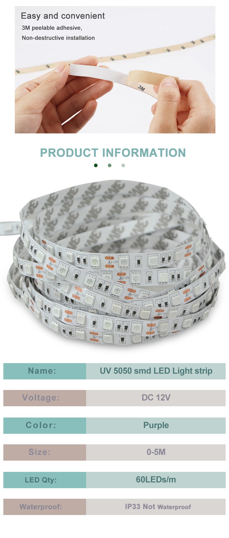 Bande lumineuse de stérilisation à 600 LED UVC, 5 mètres, 12V, ruban de lumière, nm