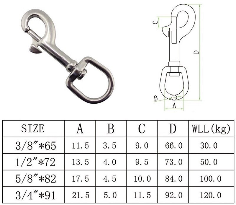 Crochet à pression ovale en acier inoxydable 316, 5 pièces, qualité Marine, à une extrémité pivotante, 65mm 72mm 82mm 91mm pour laisse de chien, plongée sous-Marine