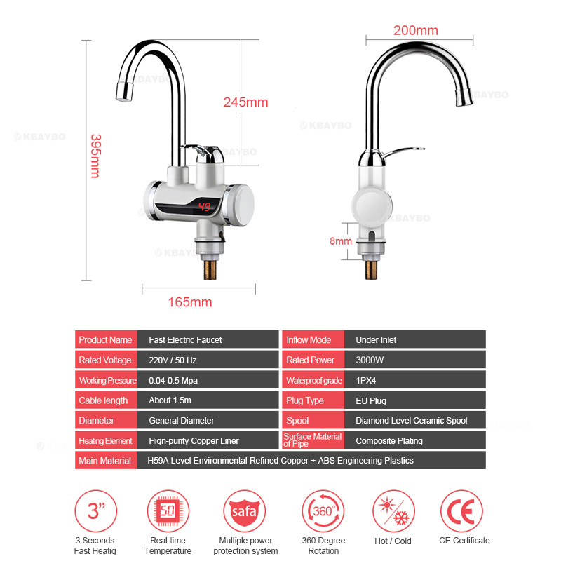 3000W instantané électrique douche chauffe-eau instantané robinet chaud cuisine électrique robinet eau chauffage instantané chauffe-eau
