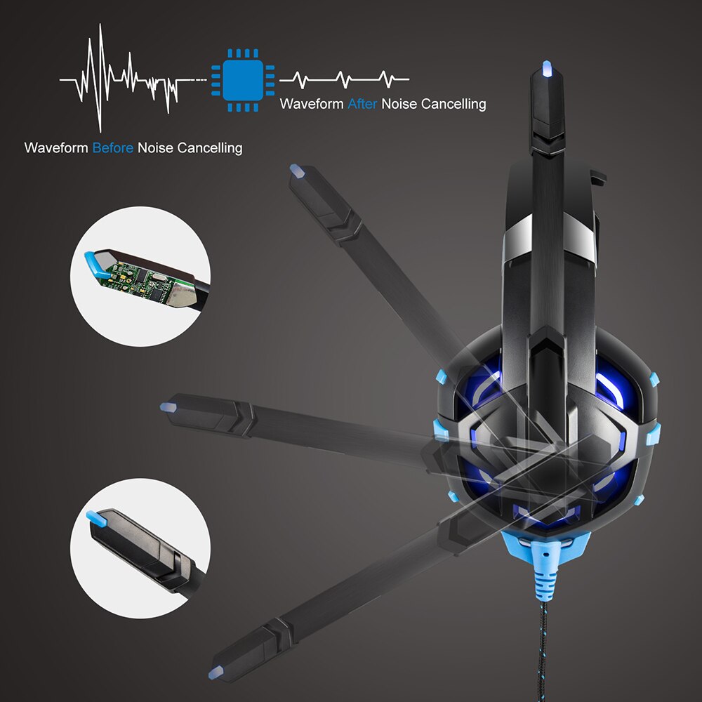 ONIKUMA K2A Casque de jeu Casque antibruit son stéréo USB filaire Casque LED avec Microphone pour PC Xbox One/ordinateur portable