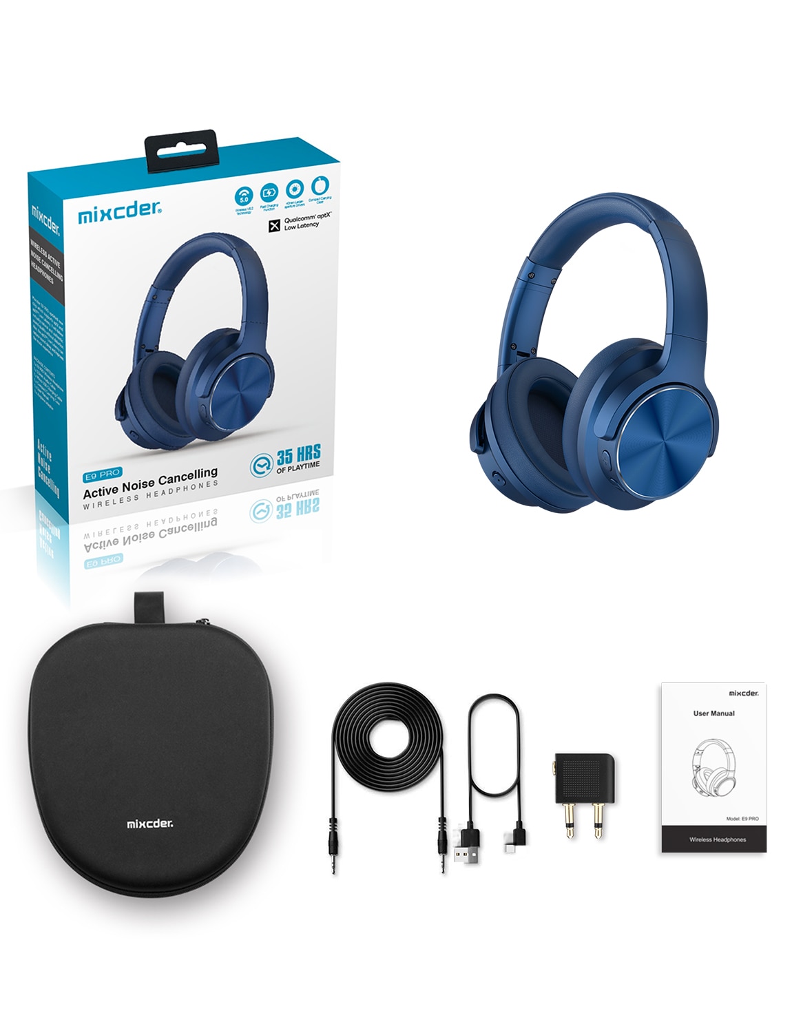Mixcder E9 PRO aptX LL casque sans fil Bluetooth actif suppression du bruit casque USB charge rapide avec micro casques bleus