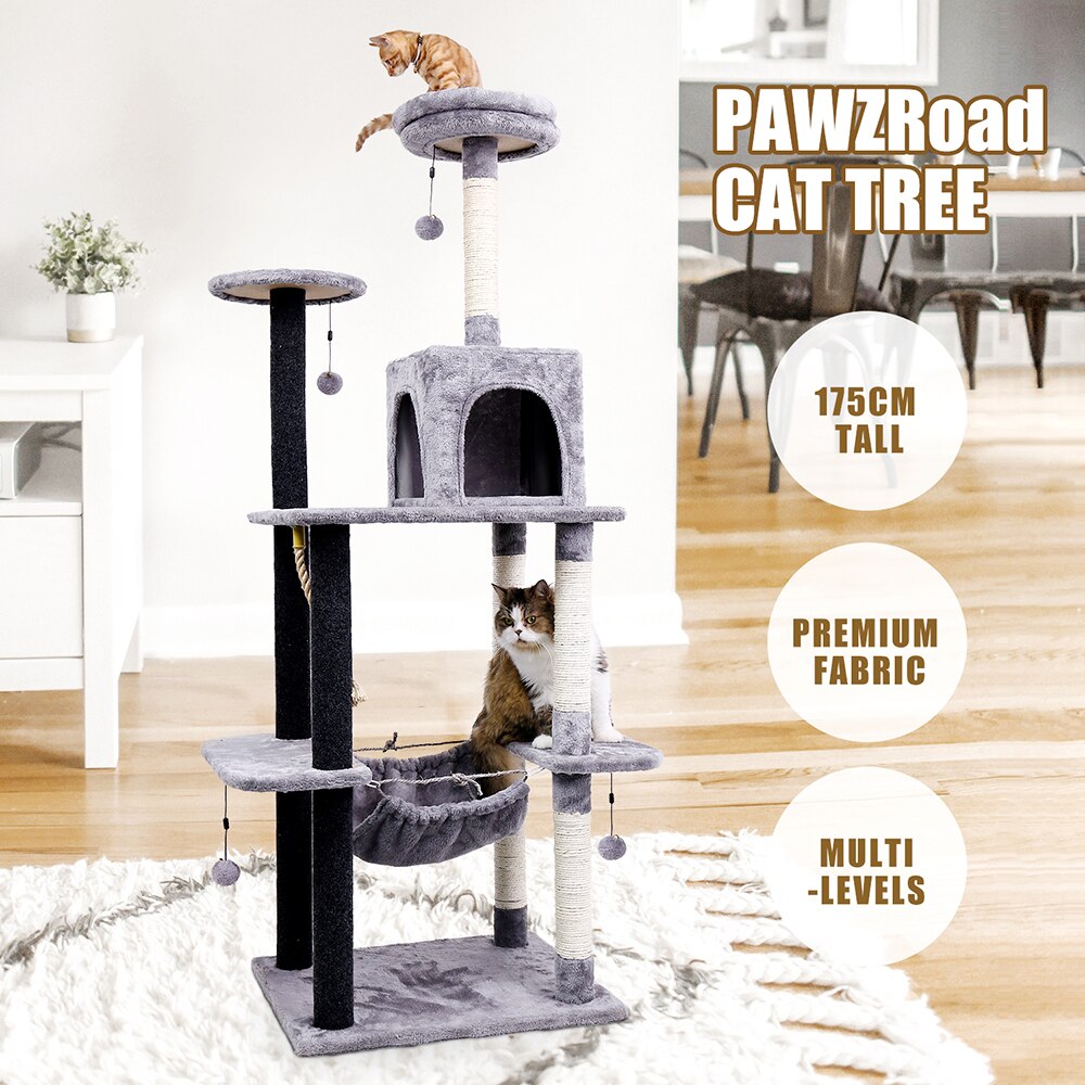 Tour condo arbre à chat de plusieurs niveaux, grattoir, maison pour animaux domestiques avec hamacs, meuble à escalader, jeux