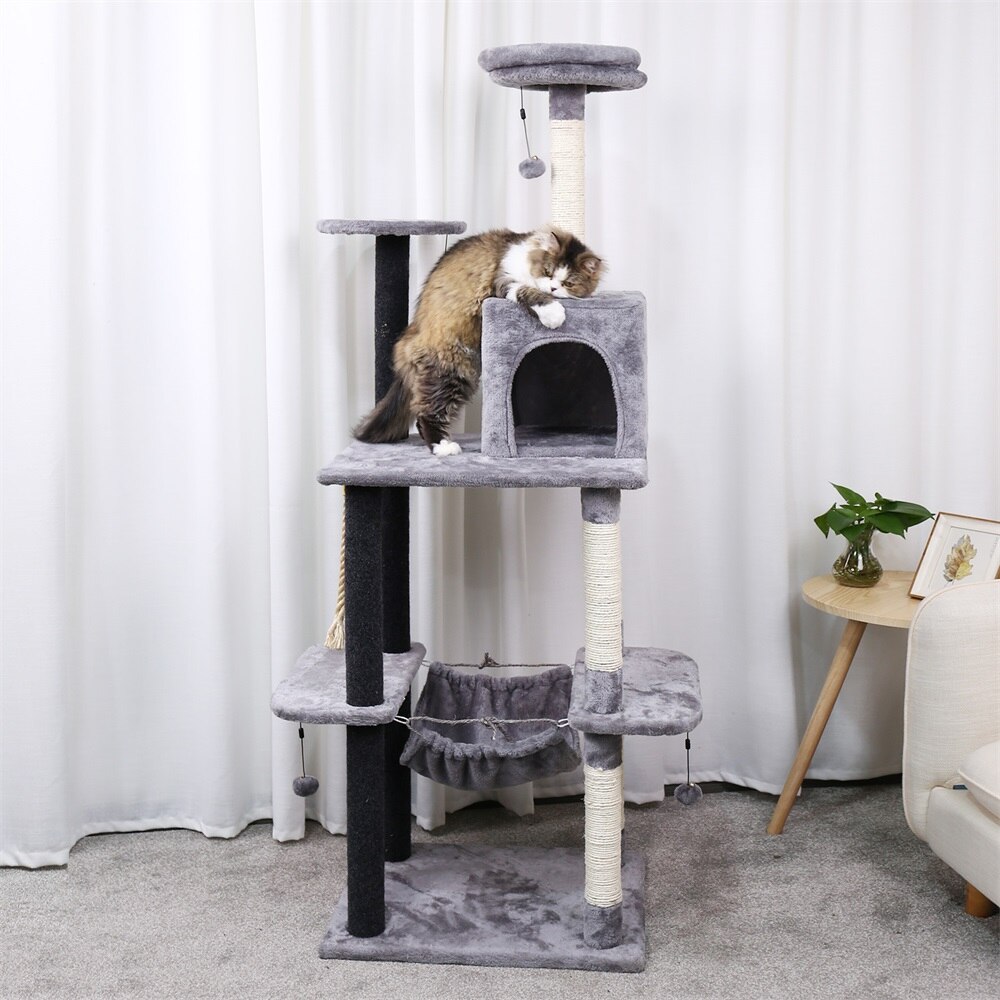 Tour condo arbre à chat de plusieurs niveaux, grattoir, maison pour animaux domestiques avec hamacs, meuble à escalader, jeux