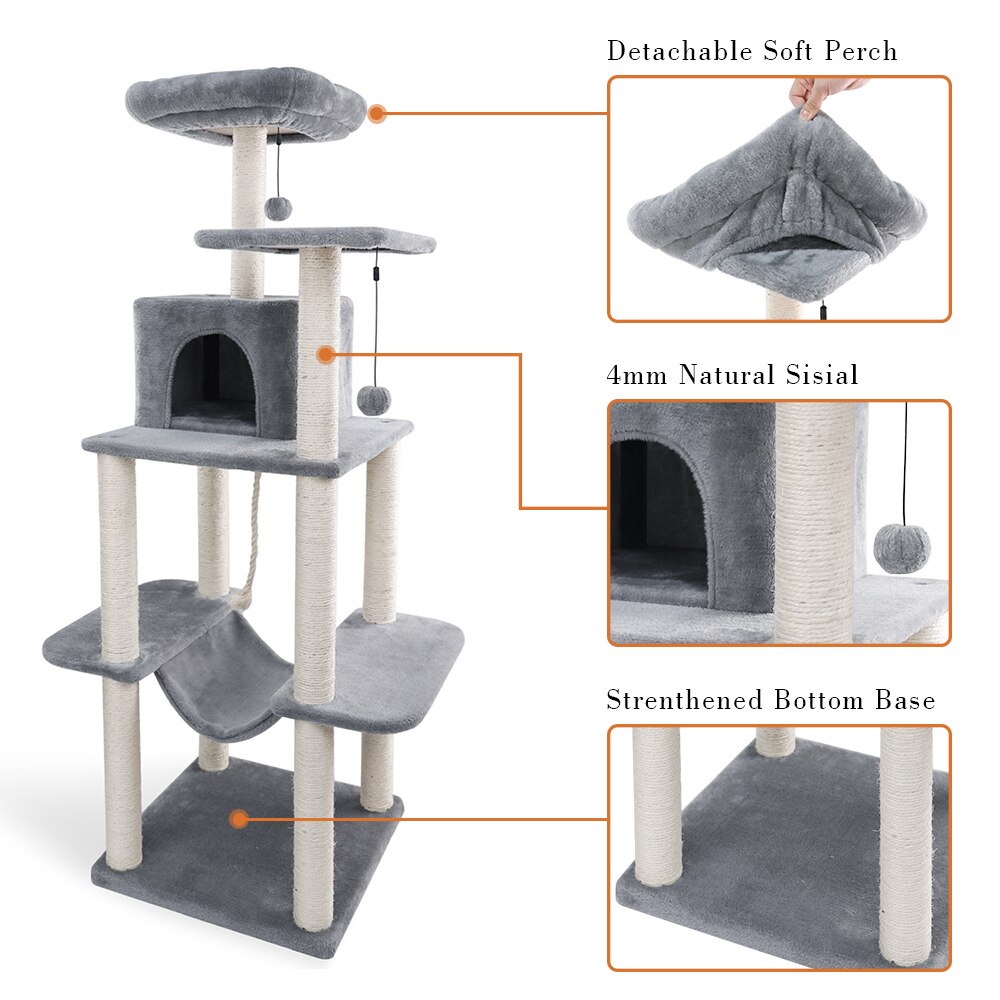 Tour condo arbre à chat de plusieurs niveaux, grattoir, maison pour animaux domestiques avec hamacs, meuble à escalader, jeux