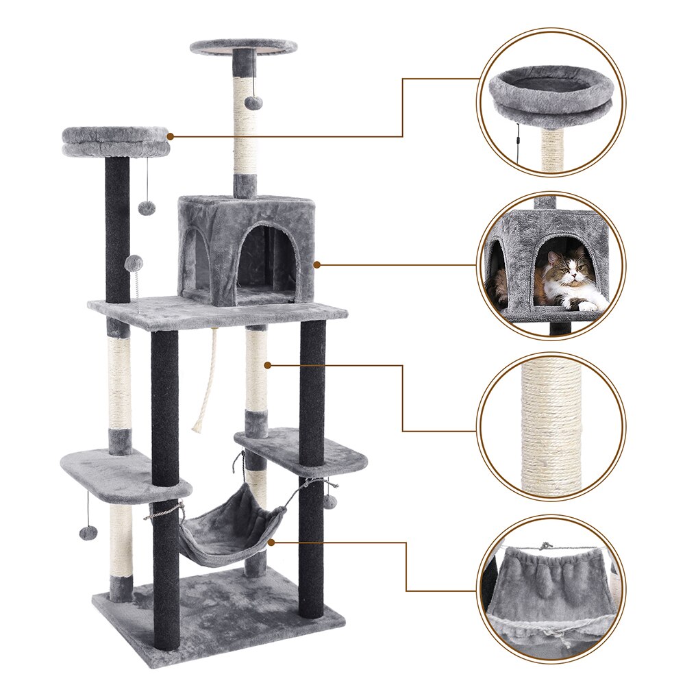 Tour condo arbre à chat de plusieurs niveaux, grattoir, maison pour animaux domestiques avec hamacs, meuble à escalader, jeux