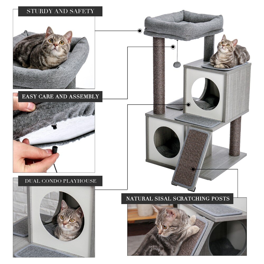 Tour condo arbre à chat de plusieurs niveaux, grattoir, maison pour animaux domestiques avec hamacs, meuble à escalader, jeux