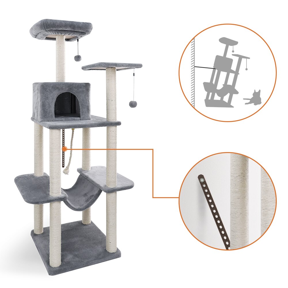 Tour condo arbre à chat de plusieurs niveaux, grattoir, maison pour animaux domestiques avec hamacs, meuble à escalader, jeux