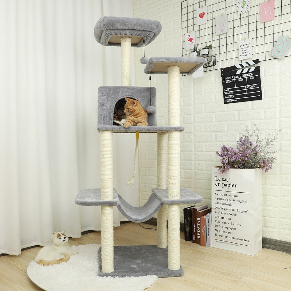 Tour condo arbre à chat de plusieurs niveaux, grattoir, maison pour animaux domestiques avec hamacs, meuble à escalader, jeux
