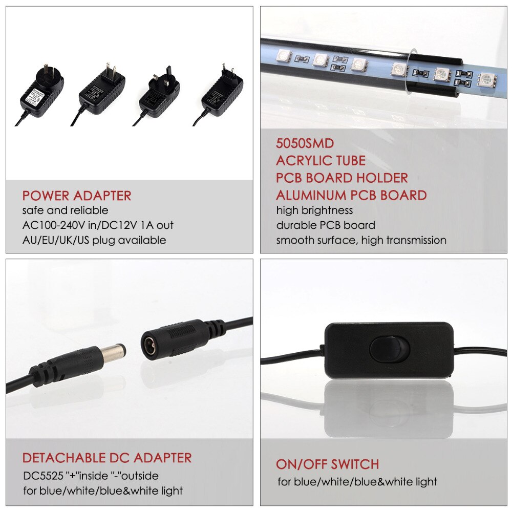 Lumières LED d'aquarium étanche Aquarium barre lumineuse bleu/blanc 19/29/39/49CM Submersible sous-marine pince lampe aquatique décor ue
