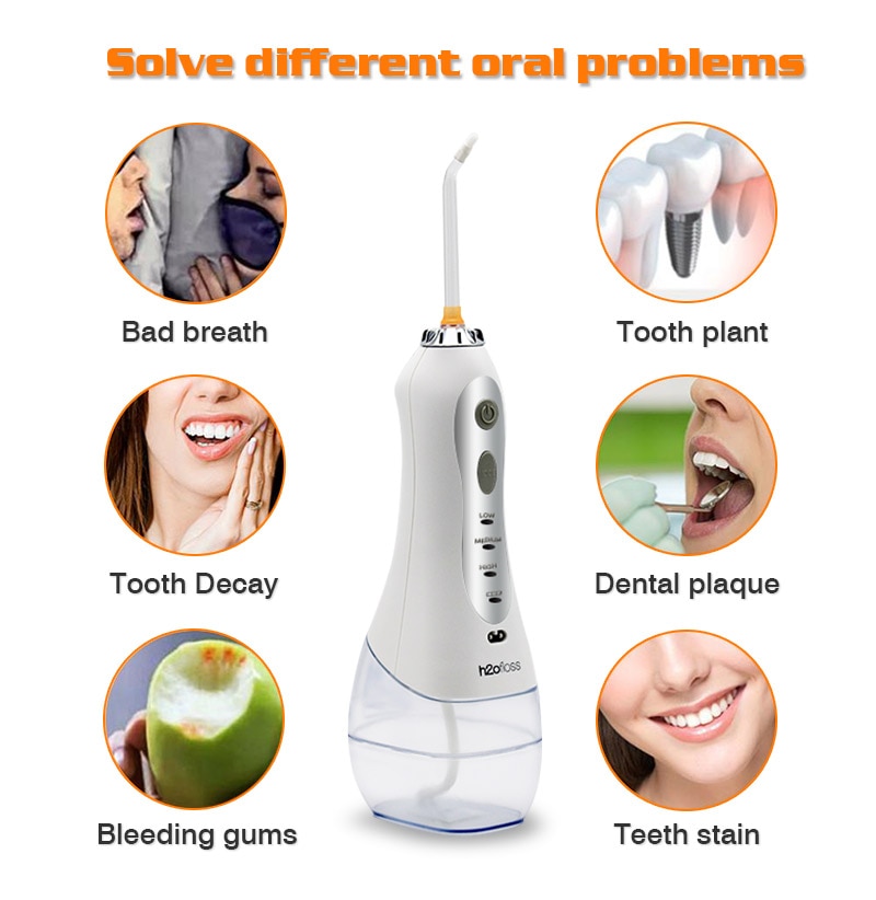 H2ofloss portable oral irrigateur usb rechargeable eau flosser dentaire Jet d'eau 300ML réservoir d'eau étanche dents nettoyeur