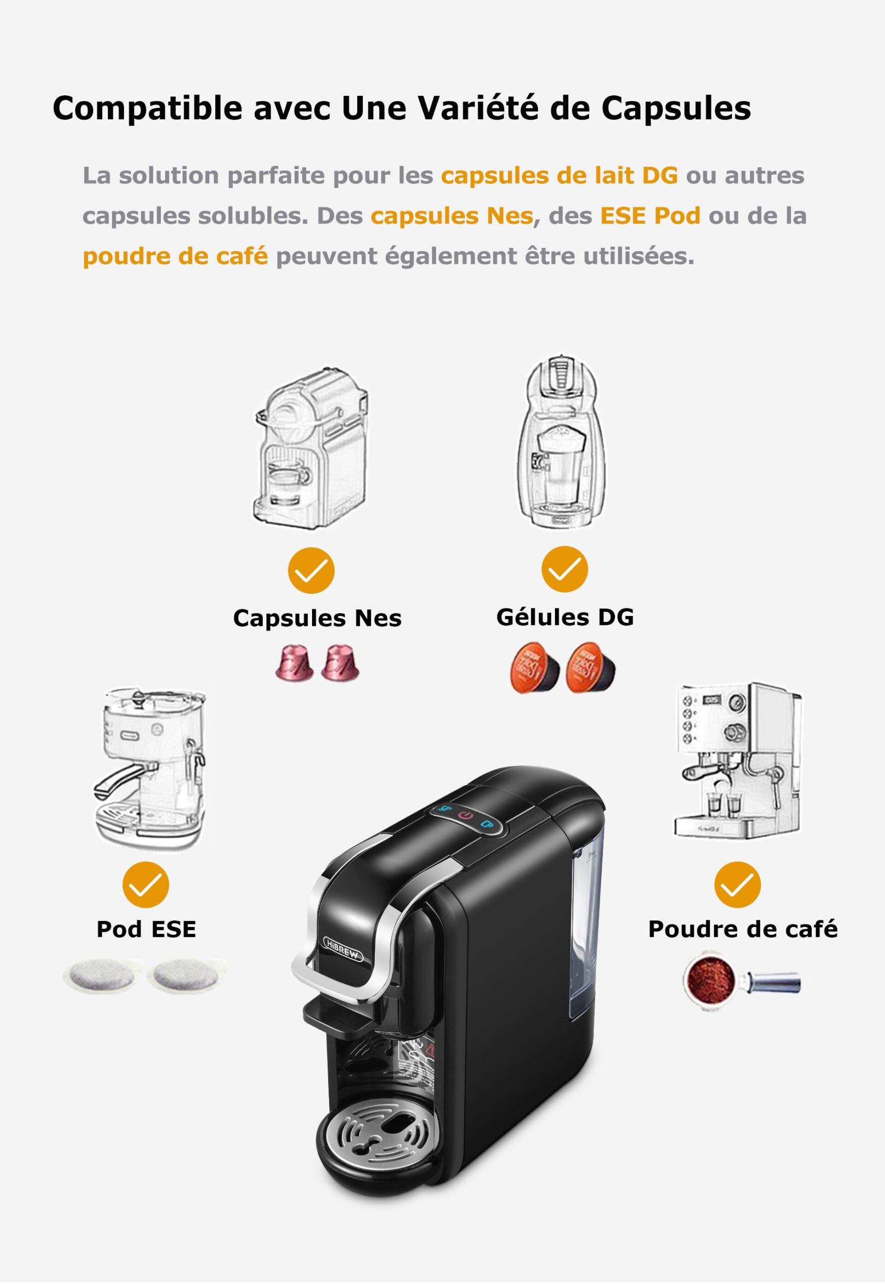 Hiinfusion 19Bar 4in1 Machine à café Expresso à capsules multiples DolceGusto Capsule de lait Nespresso ESEpod café moulu CompatibleH2