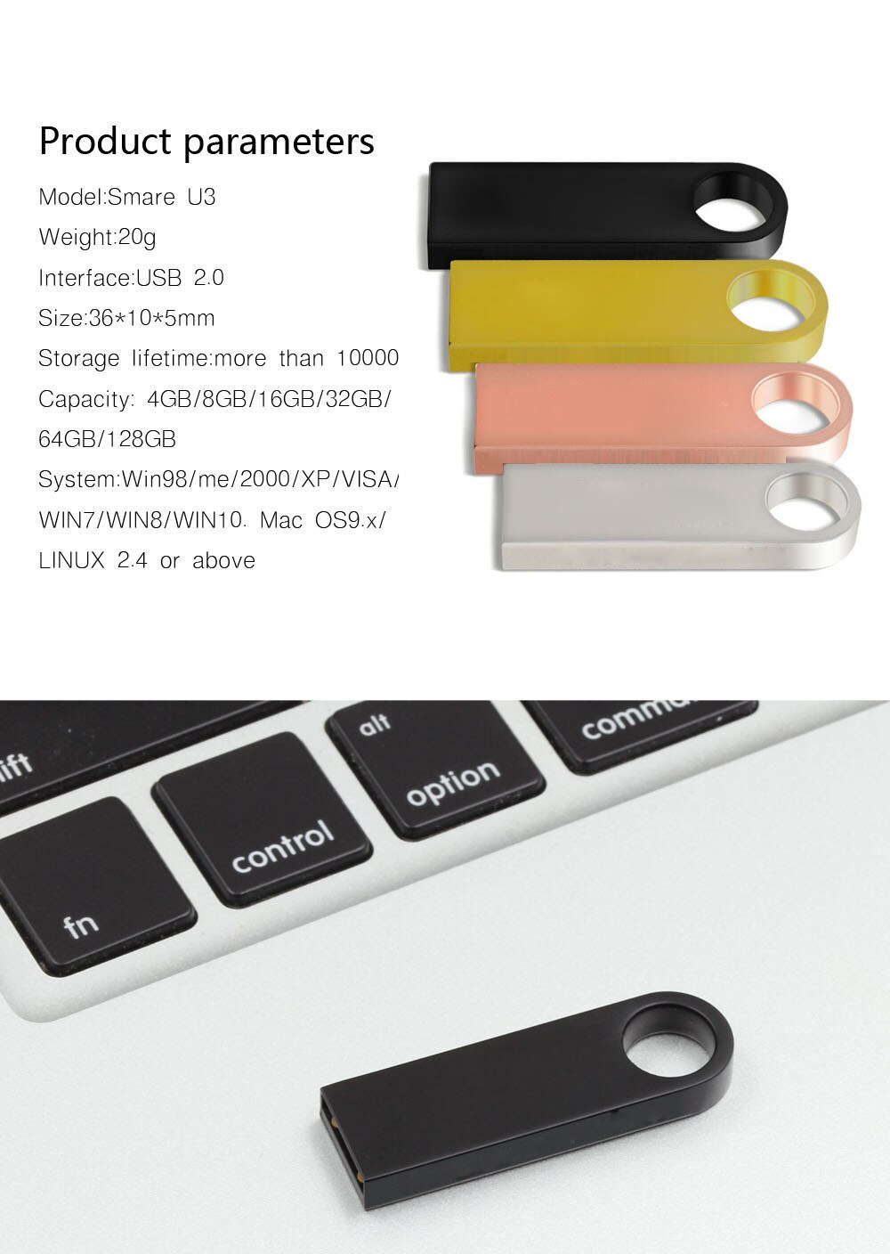 Lecteur USB 2.0 en métal personnalisable, cadeau créatif, haute vitesse, 8g 16g 32g 64g, plusieurs couleurs, vente en gros