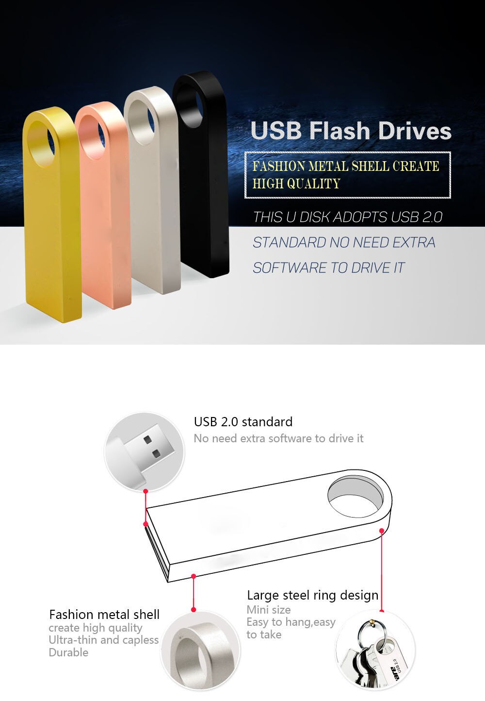 Lecteur USB 2.0 en métal personnalisable, cadeau créatif, haute vitesse, 8g 16g 32g 64g, plusieurs couleurs, vente en gros