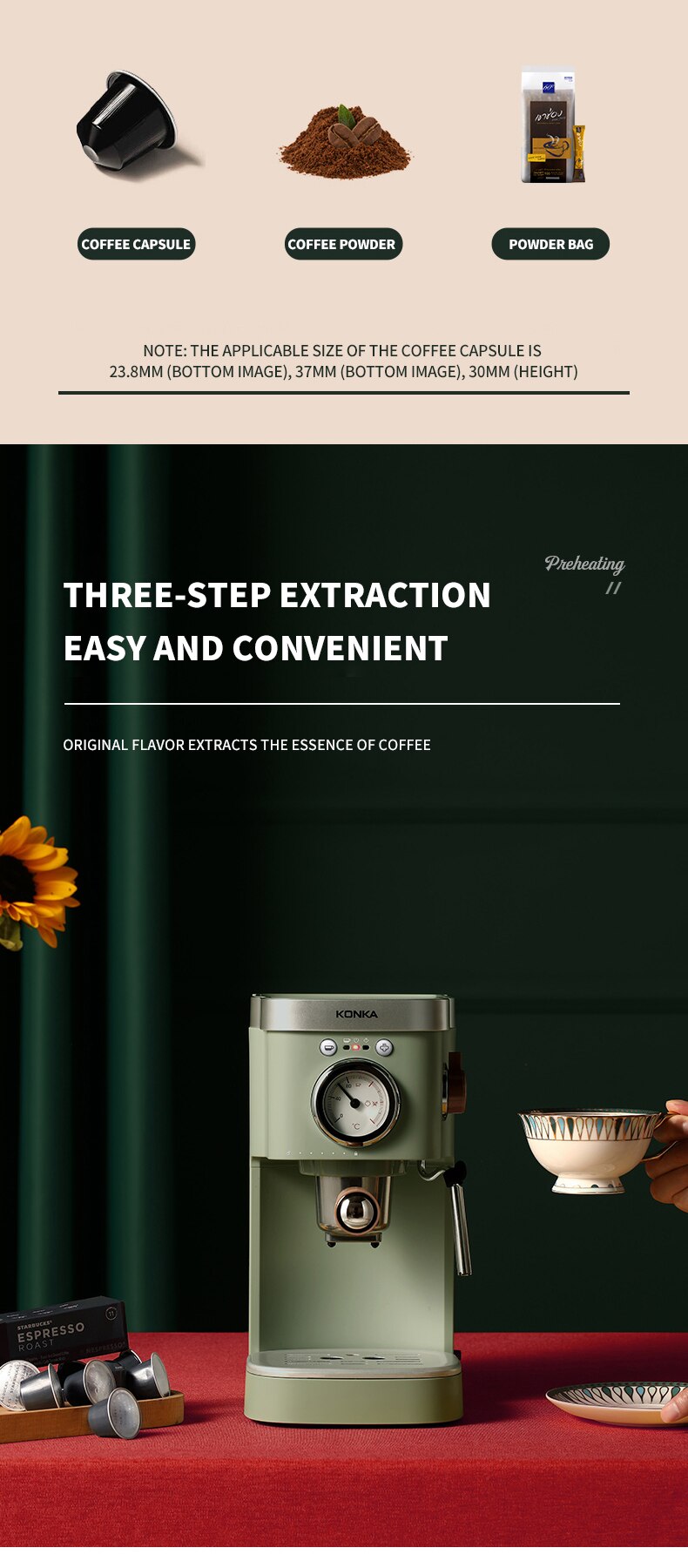 KONKA – Machine à café expresso 1050W, avec mousseur à lait moussant, en acier inoxydable, système de contrôle de la Double température