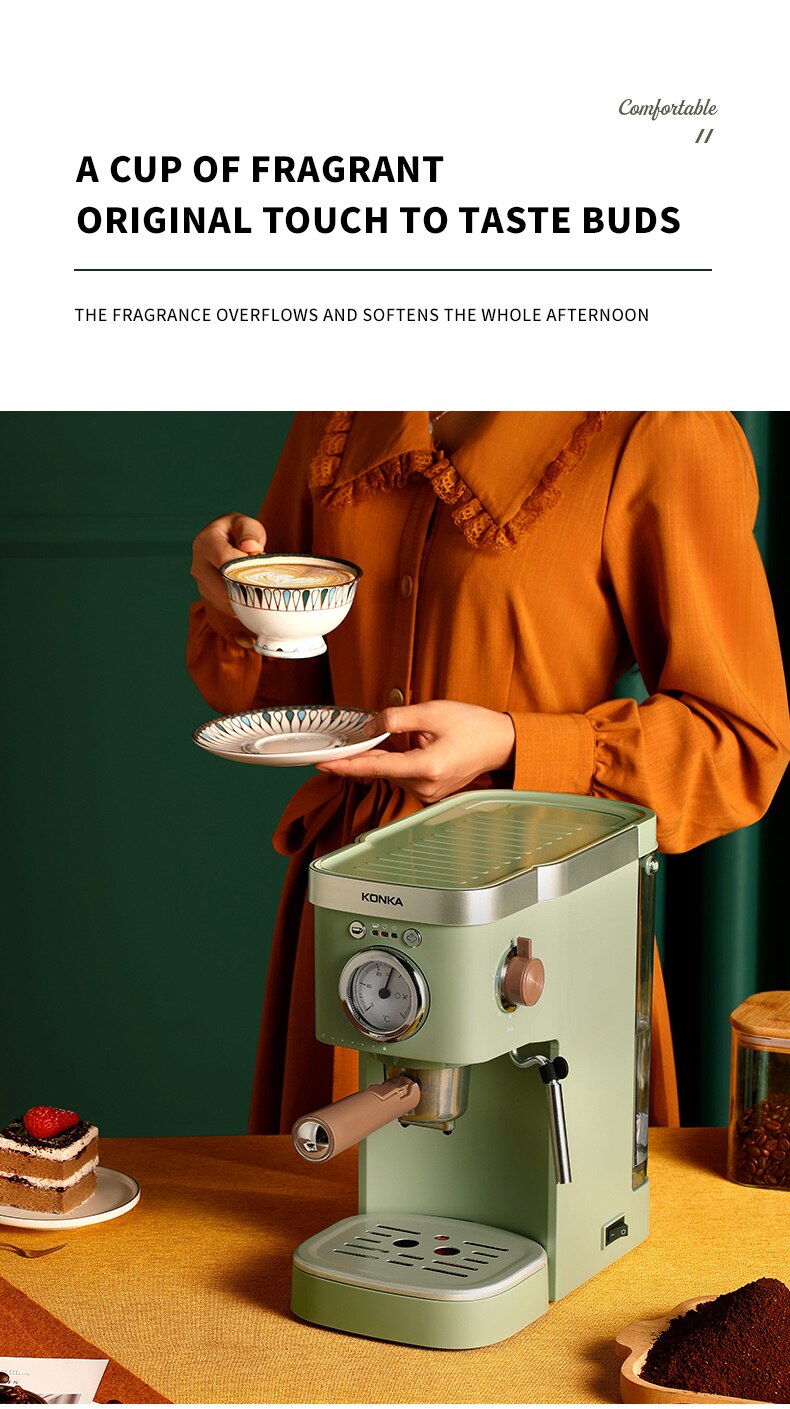 KONKA – Machine à café expresso 1050W, avec mousseur à lait moussant, en acier inoxydable, système de contrôle de la Double température