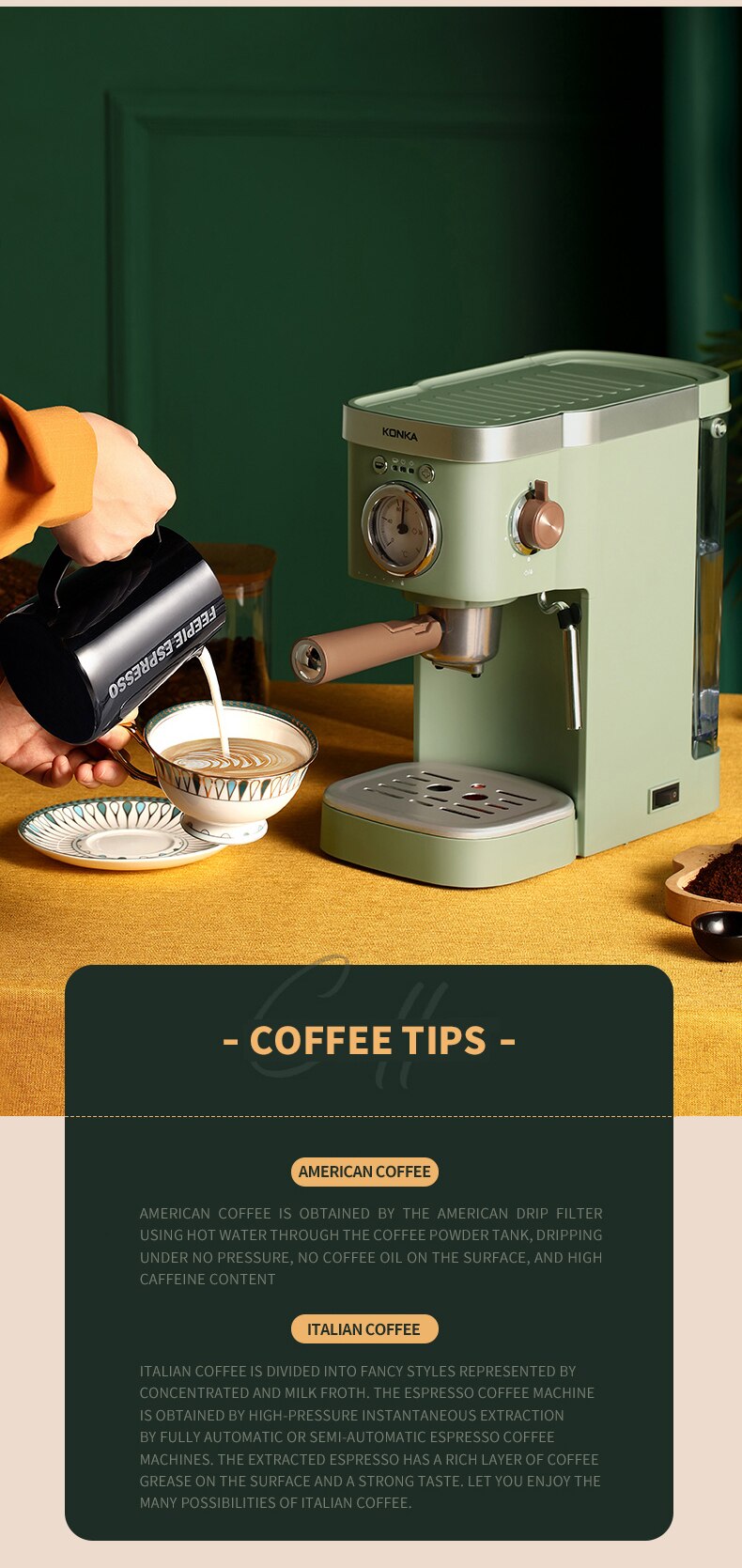 KONKA – Machine à café expresso 1050W, avec mousseur à lait moussant, en acier inoxydable, système de contrôle de la Double température