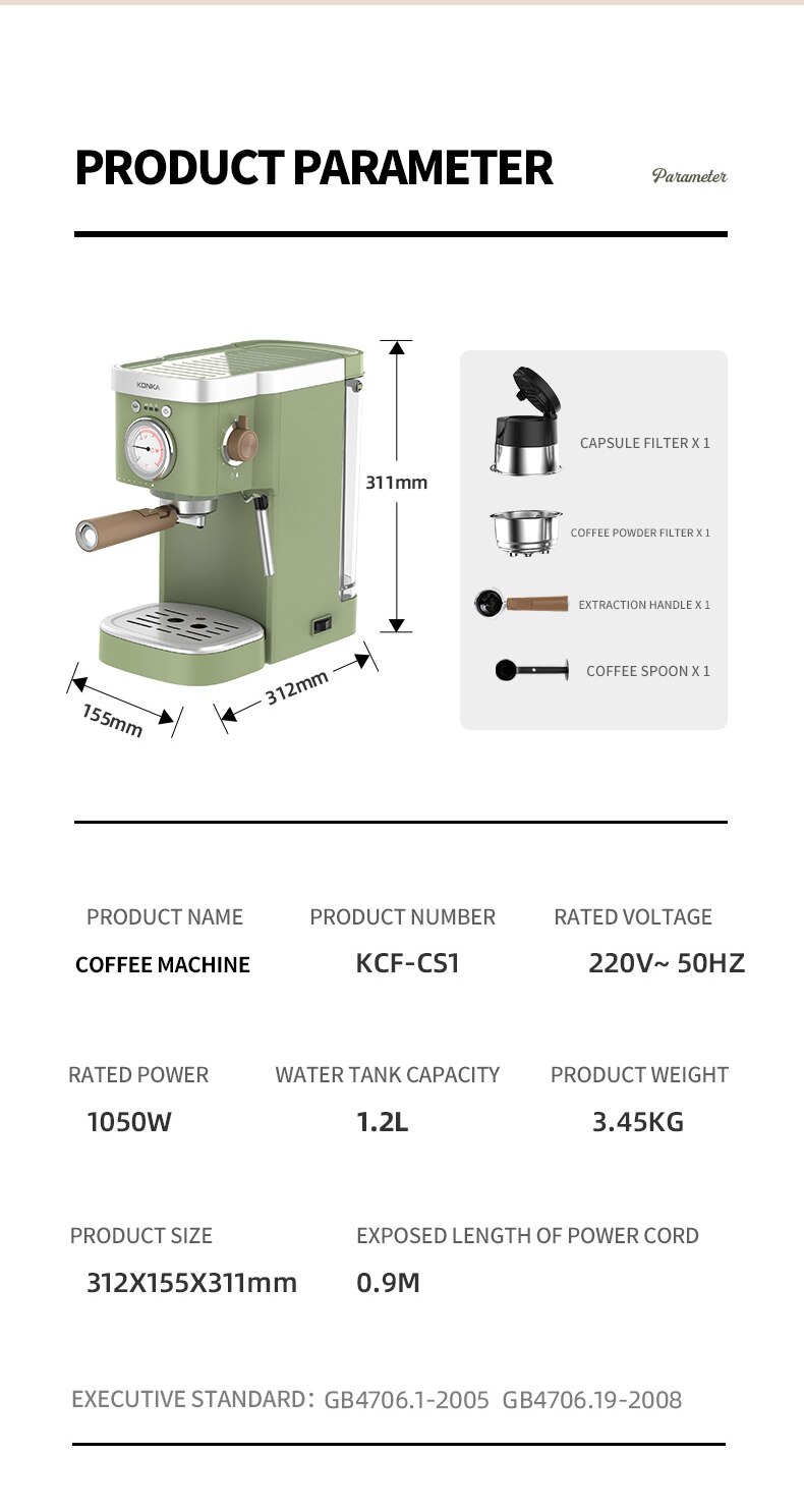 KONKA – Machine à café expresso 1050W, avec mousseur à lait moussant, en acier inoxydable, système de contrôle de la Double température