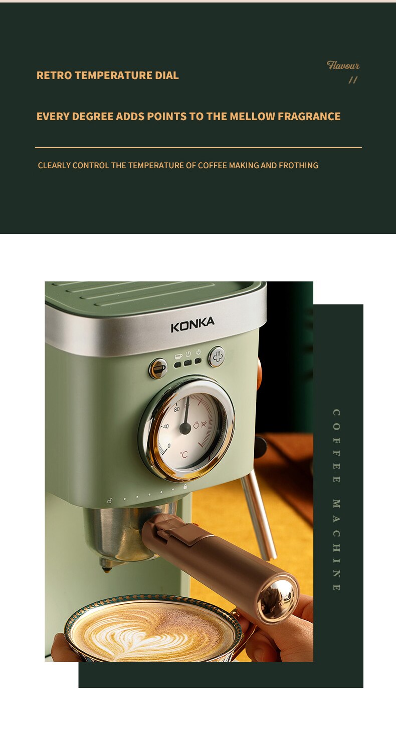 KONKA – Machine à café expresso 1050W, avec mousseur à lait moussant, en acier inoxydable, système de contrôle de la Double température