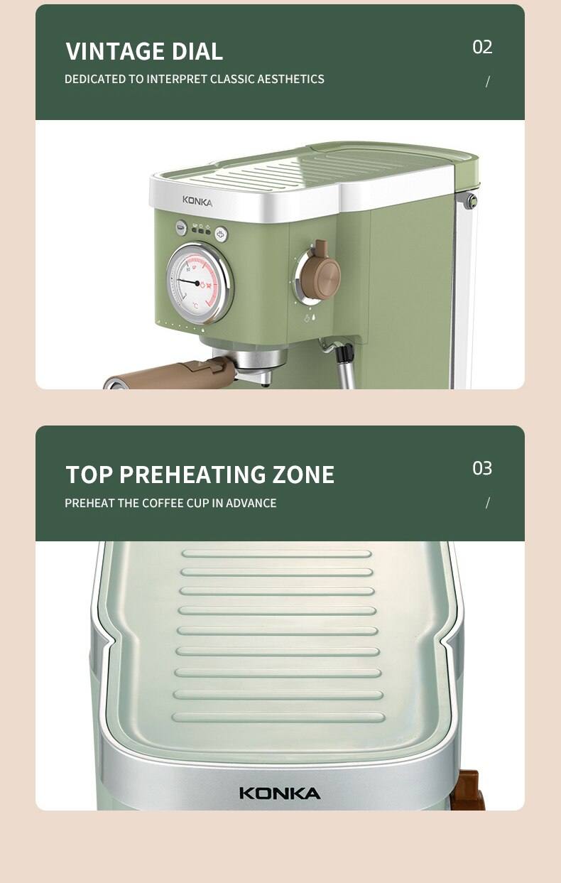 KONKA – Machine à café expresso 1050W, avec mousseur à lait moussant, en acier inoxydable, système de contrôle de la Double température