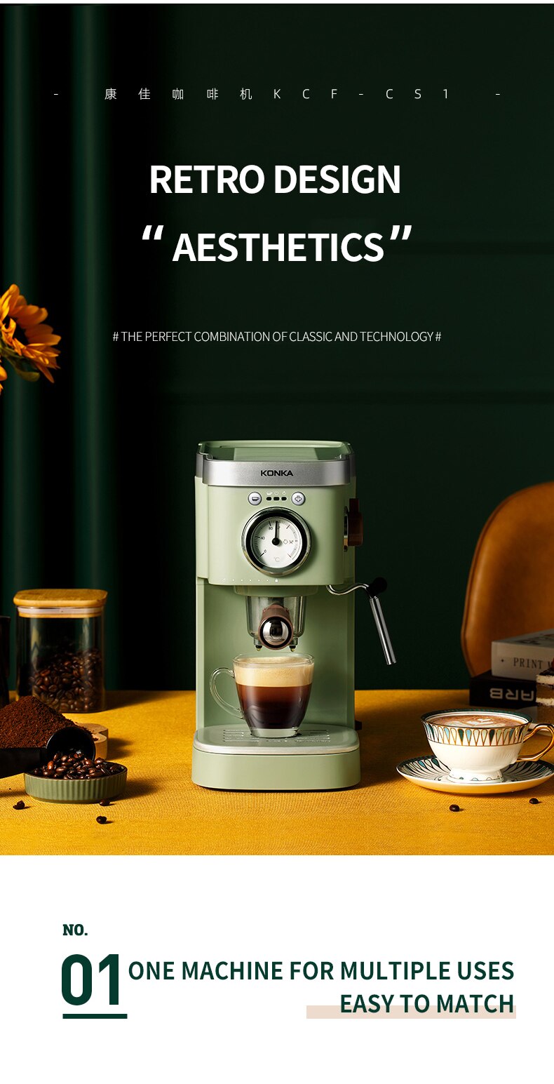 KONKA – Machine à café expresso 1050W, avec mousseur à lait moussant, en acier inoxydable, système de contrôle de la Double température