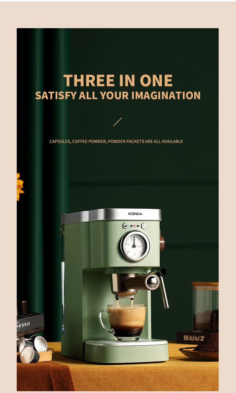 KONKA – Machine à café expresso 1050W, avec mousseur à lait moussant, en acier inoxydable, système de contrôle de la Double température