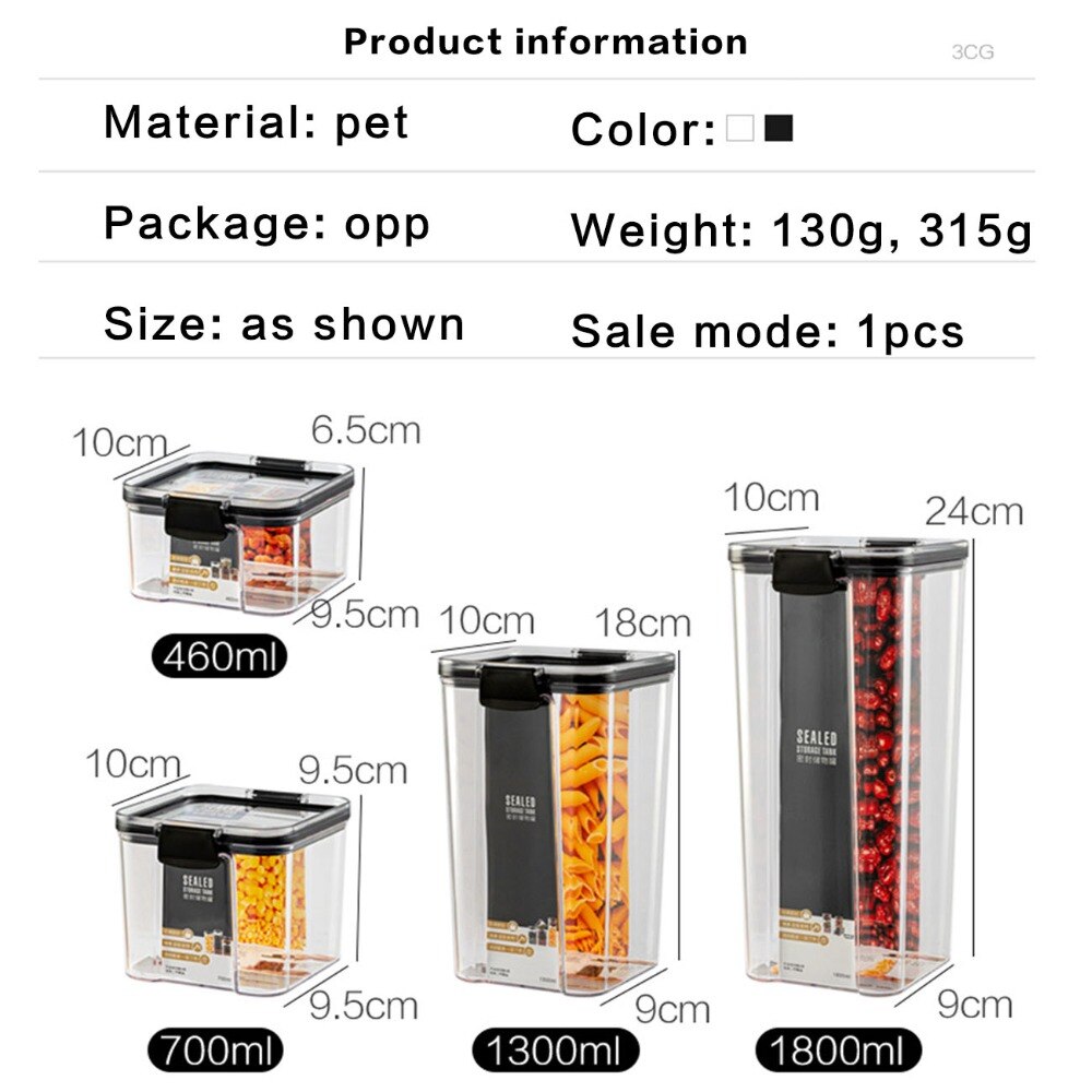 Récipients en plastique pour le stockage de la nourriture dans la cuisine, boîtes de conserve étanches et transparents, rangements pour multi-céréales et nouilles, réfrigérateur, 700/1300/1800ML