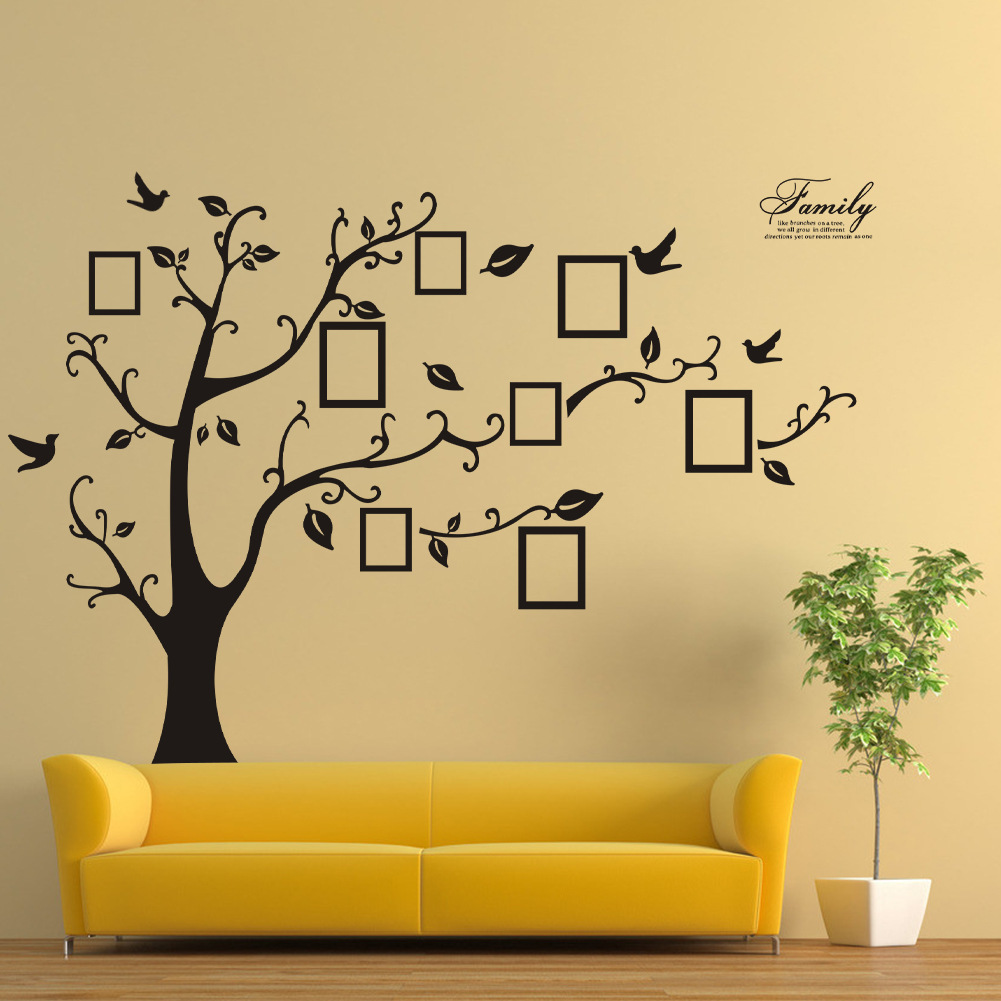 Grand autocollant Mural noir 3D en PVC, cadre de Photos arbres, adhésif pour la famille, décoration de maison, décorations de salon Grand autocollant Mural noir 3D en PVC, cadre de Photos arbres, adhésif pour la famille, décoration de maison, décorations de salon