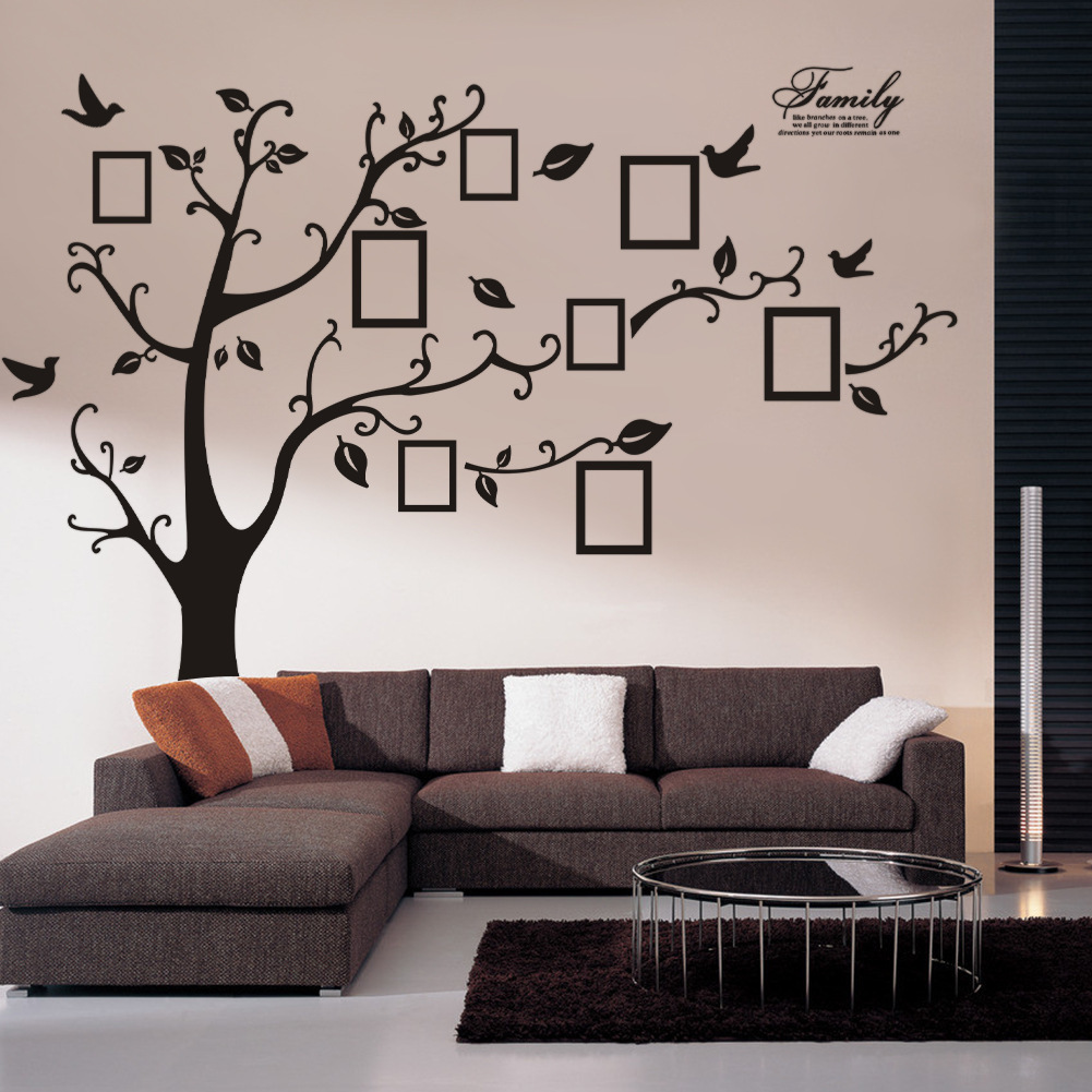 Grand autocollant Mural noir 3D en PVC, cadre de Photos arbres, adhésif pour la famille, décoration de maison, décorations de salon Grand autocollant Mural noir 3D en PVC, cadre de Photos arbres, adhésif pour la famille, décoration de maison, décorations de salon