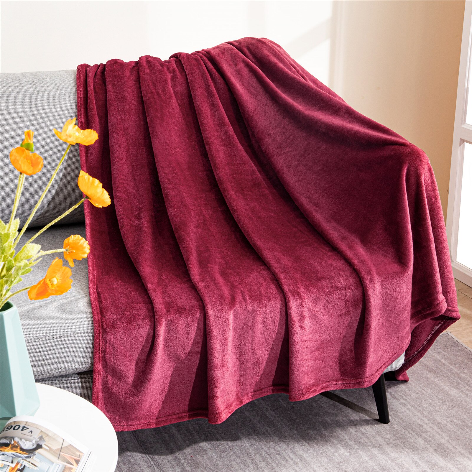 Topfinel – couverture molletonnée de couleur unie pour l'hiver, Super chaude et douce, en molleton de corail, à jeter sur le canapé ou le lit, couvre-lit de voyage